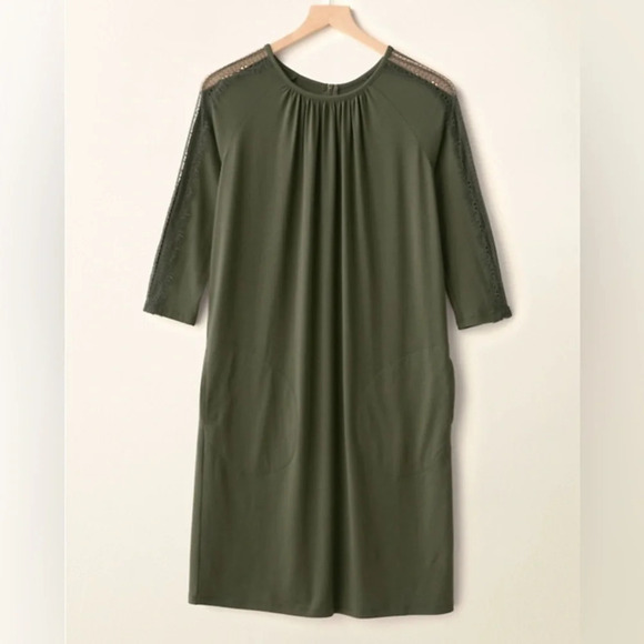 Garnet Hill (NWT) Olive Green Luna Lace-Inset Knit Dress Size Medium - Picture 1 of 11